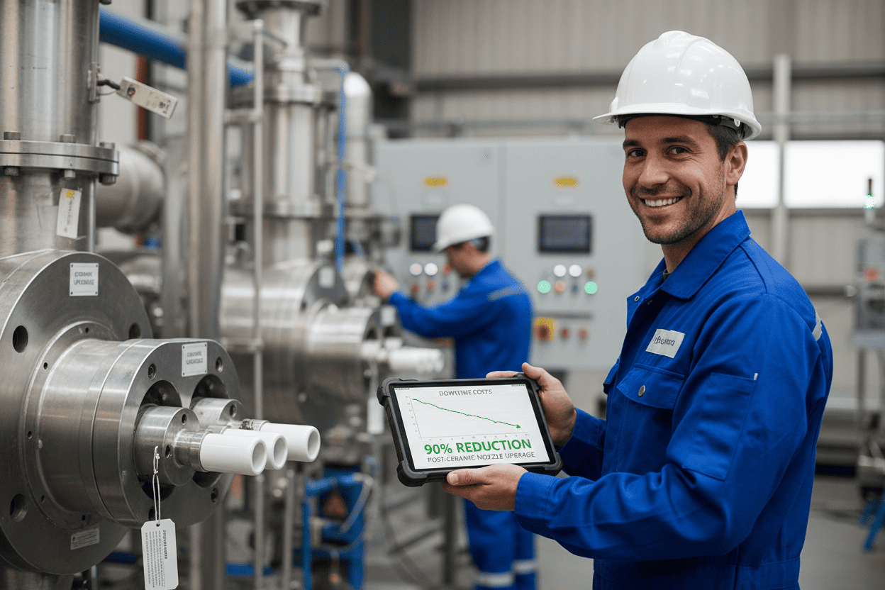A maintenance engineer holding a tablet showing a sharp drop after upgrading to ceramic orifice nozzles.