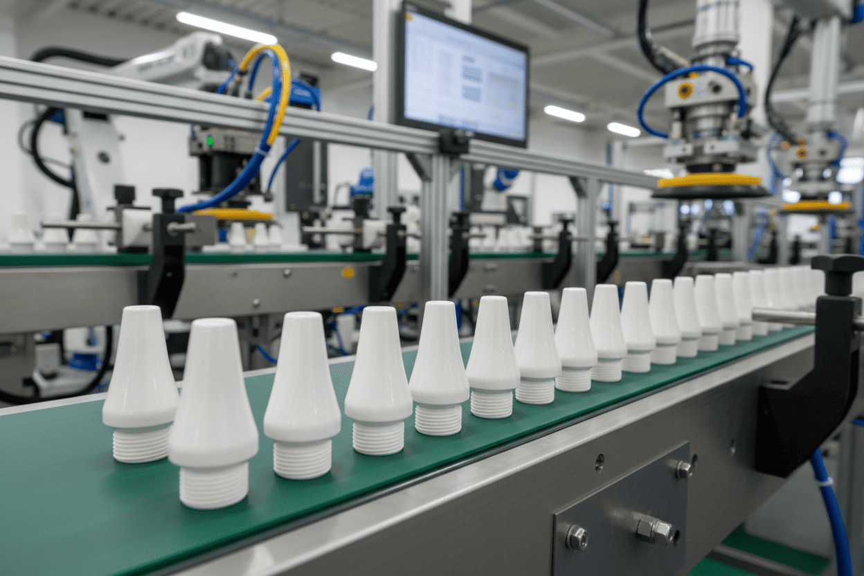 A row of brand new ceramic orifice spray nozzles ready for installation