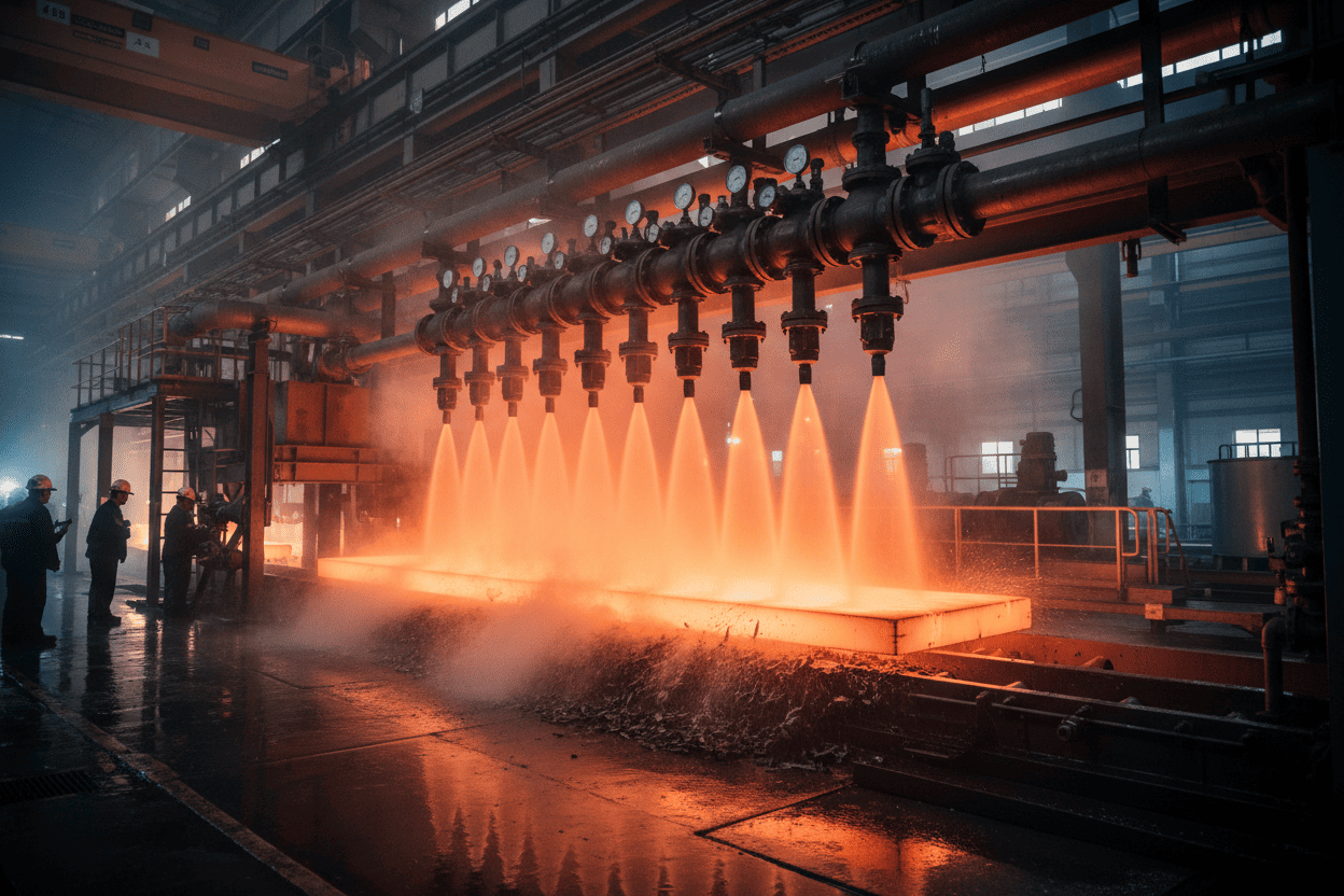 An industrial high-pressure descaling system in a steel mill showing water spray