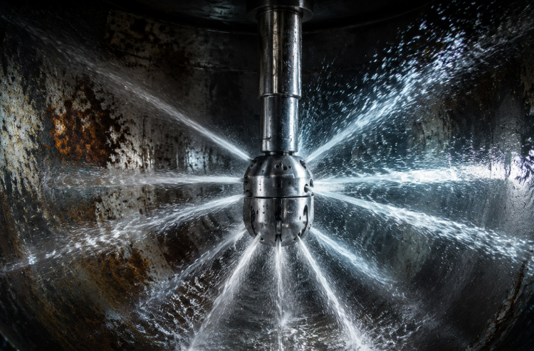 Automated rotary jet nozzle spraying high impact water inside a dark steel tank