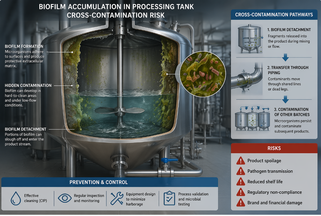 Biofilm accumulation inside industrial processing tank—cross-contamination risk visualization