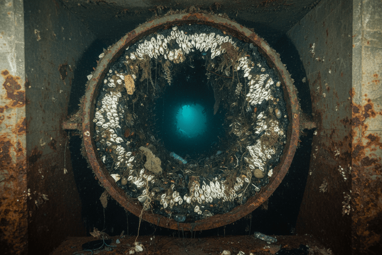 Biofouling and barnacle buildup clogging an industrial marine water pipe