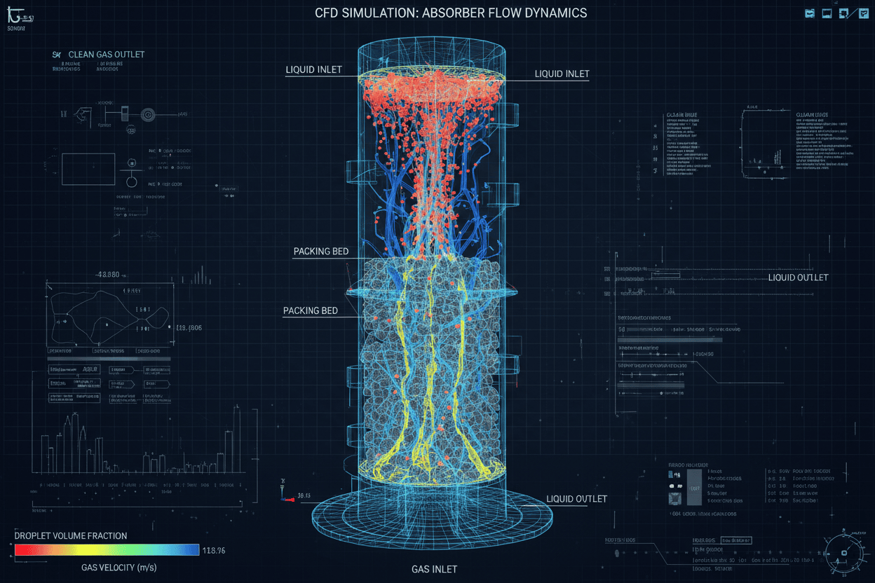 CFD simulation showing droplet distribution and gas flow patterns in an absorber