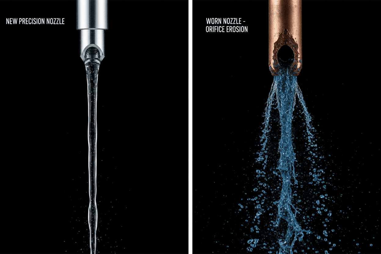 Clean jet (new precision nozzle) vs turbulent spray
