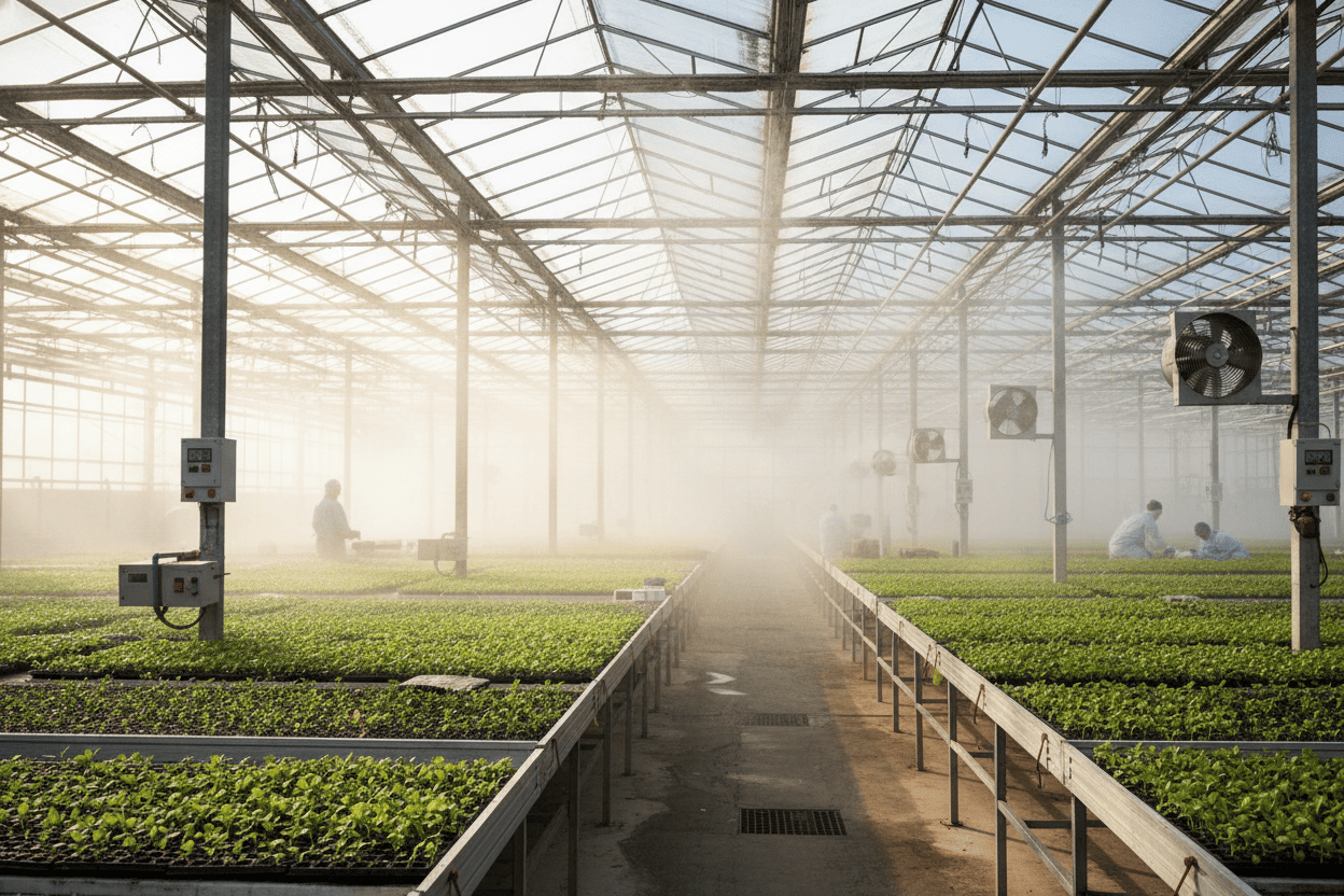 Commercial greenhouse seedling propagation with ultra-fine dry misting system in operation