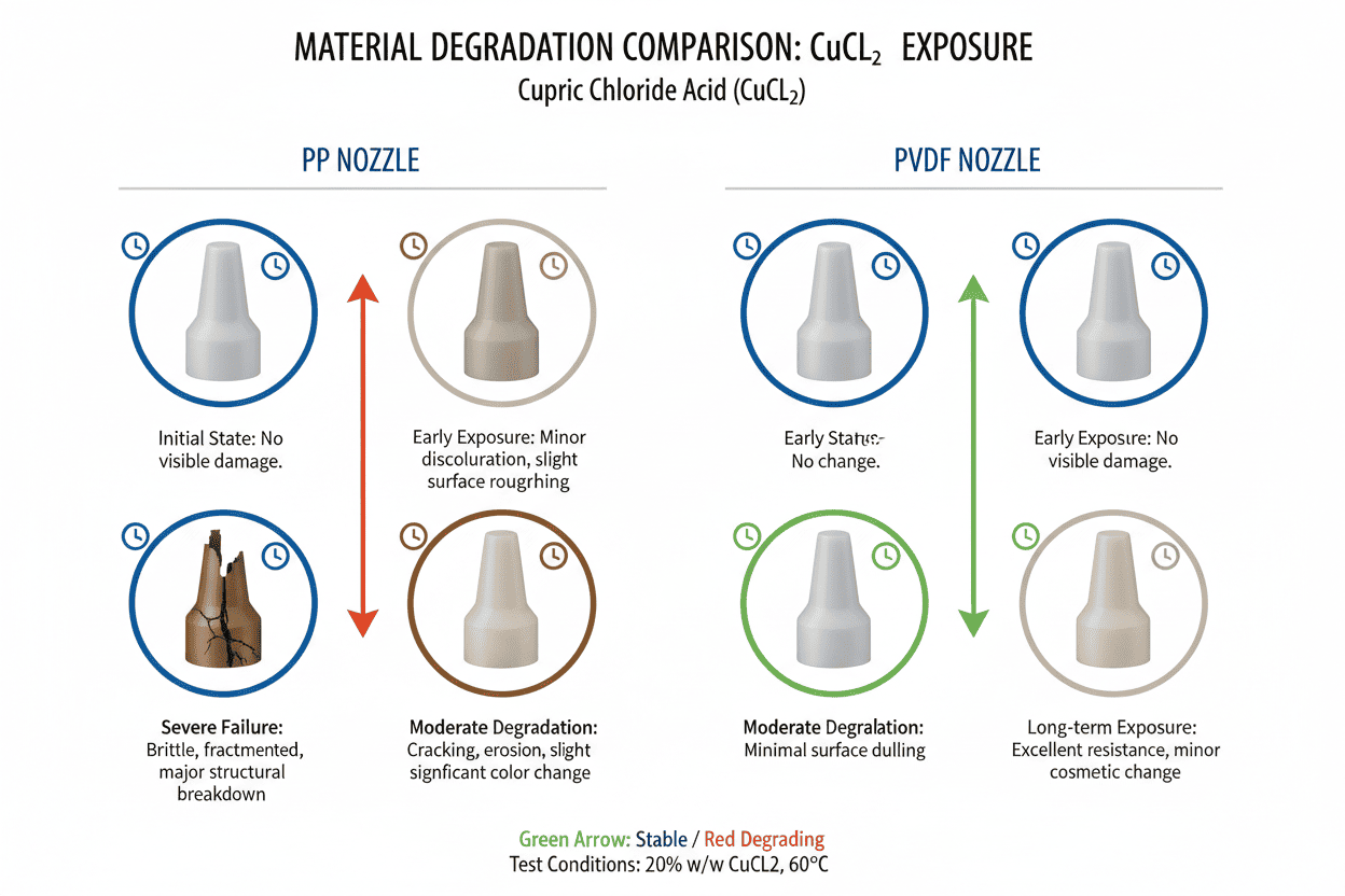 Comparison chart showing degradation of PP vs PVDF nozzles in Cupric Chloride acid