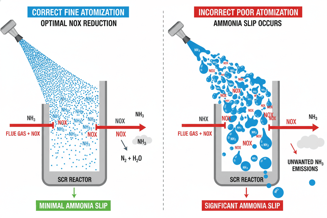 Comparison diagram showing correct fine atomization versus