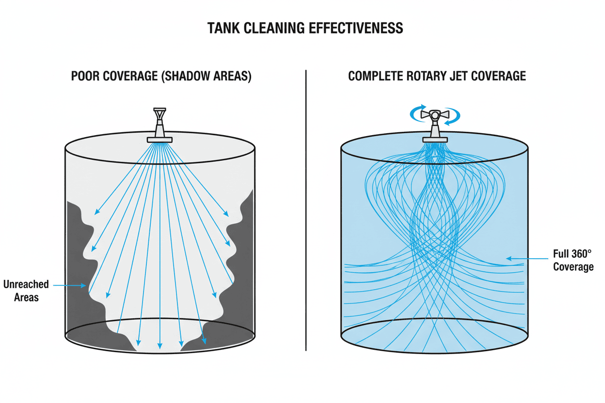 Comparison diagram showing poor tank cleaning coverage shadow areas versus complete rotary jet coverage
