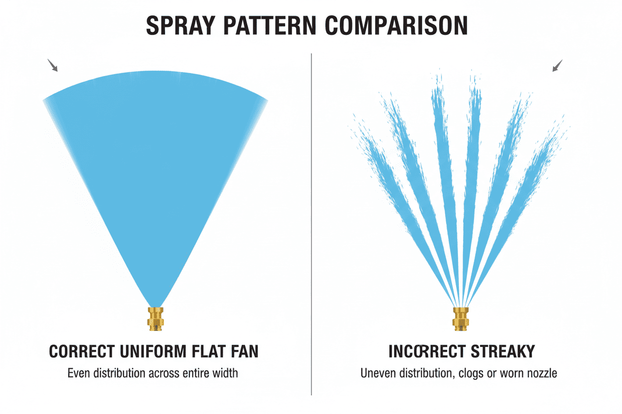 Comparison graphic showing a correct uniform flat fan spray versus an incorrect streaky spray pattern