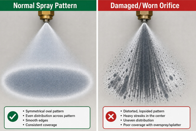 Comparison of a correct uniform spray pattern versus