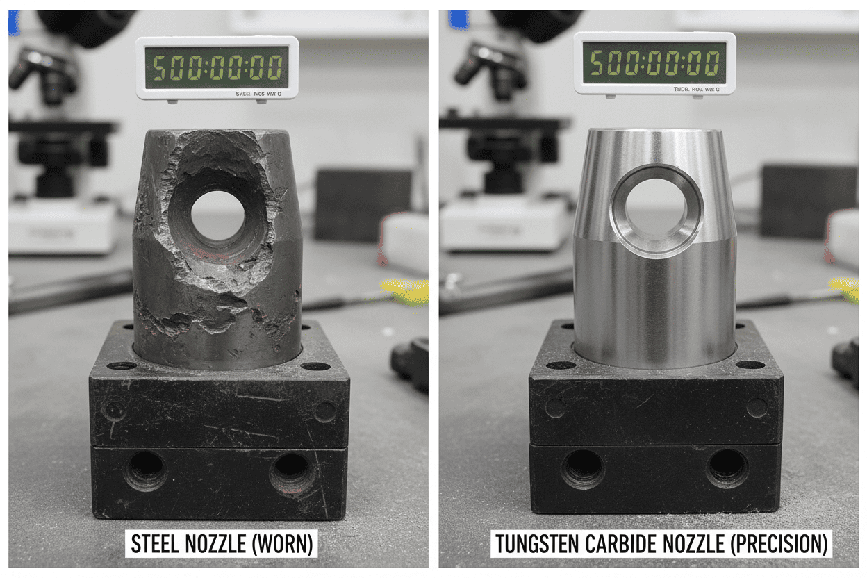 Comparison of a worn-out steel nozzle vs a precision tungsten carbide nozzle after 500 hours of use