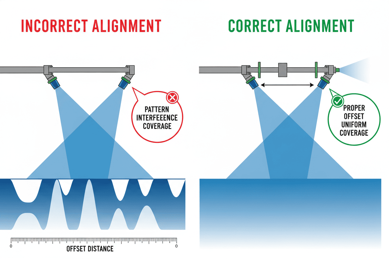 Comparison of correct vs incorrect nozzle alignment showing the impact