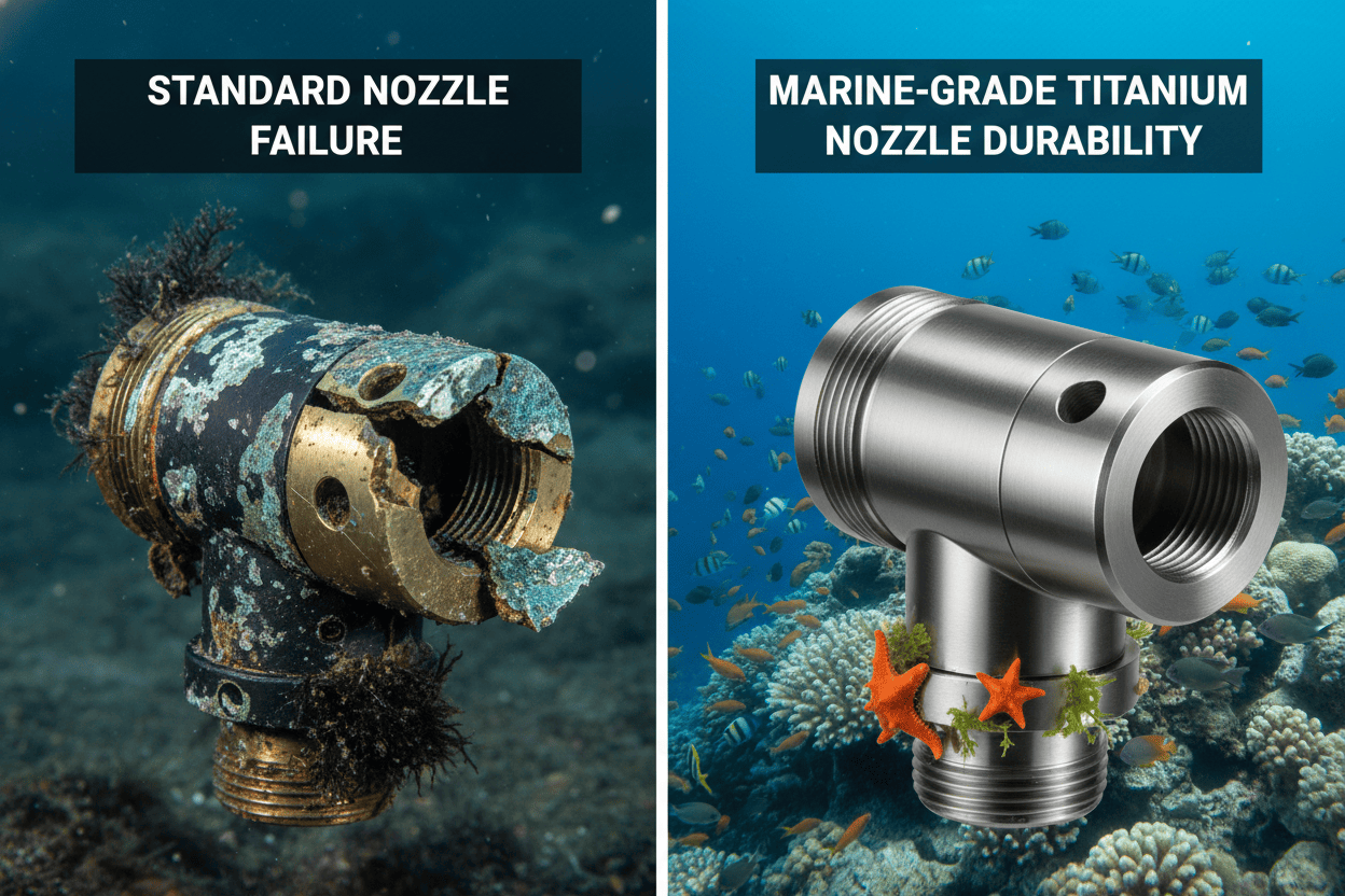 Comparison of standard nozzle failure versus marine grade titanium nozzle durability