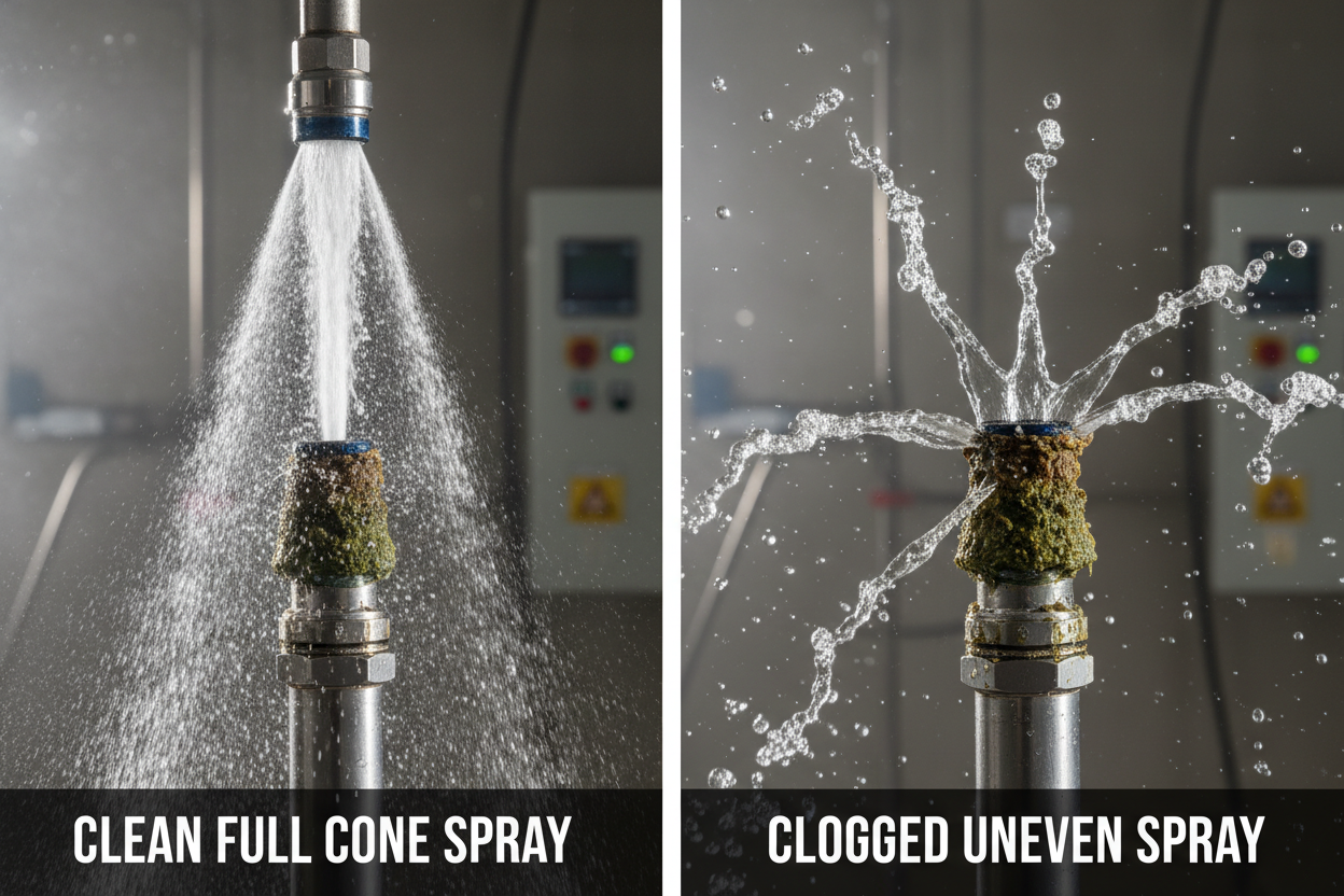 Comparison showing a clean full cone spray pattern versus a clogged uneven spray pattern