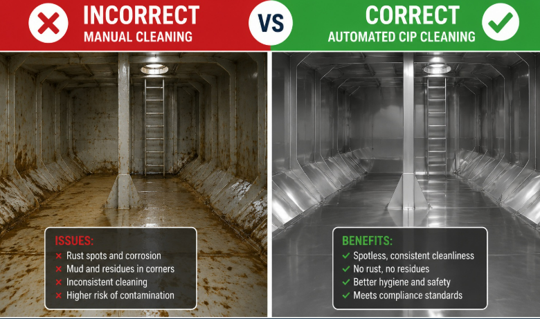 Comparison showing a poorly cleaned tank with rust versus a pristine