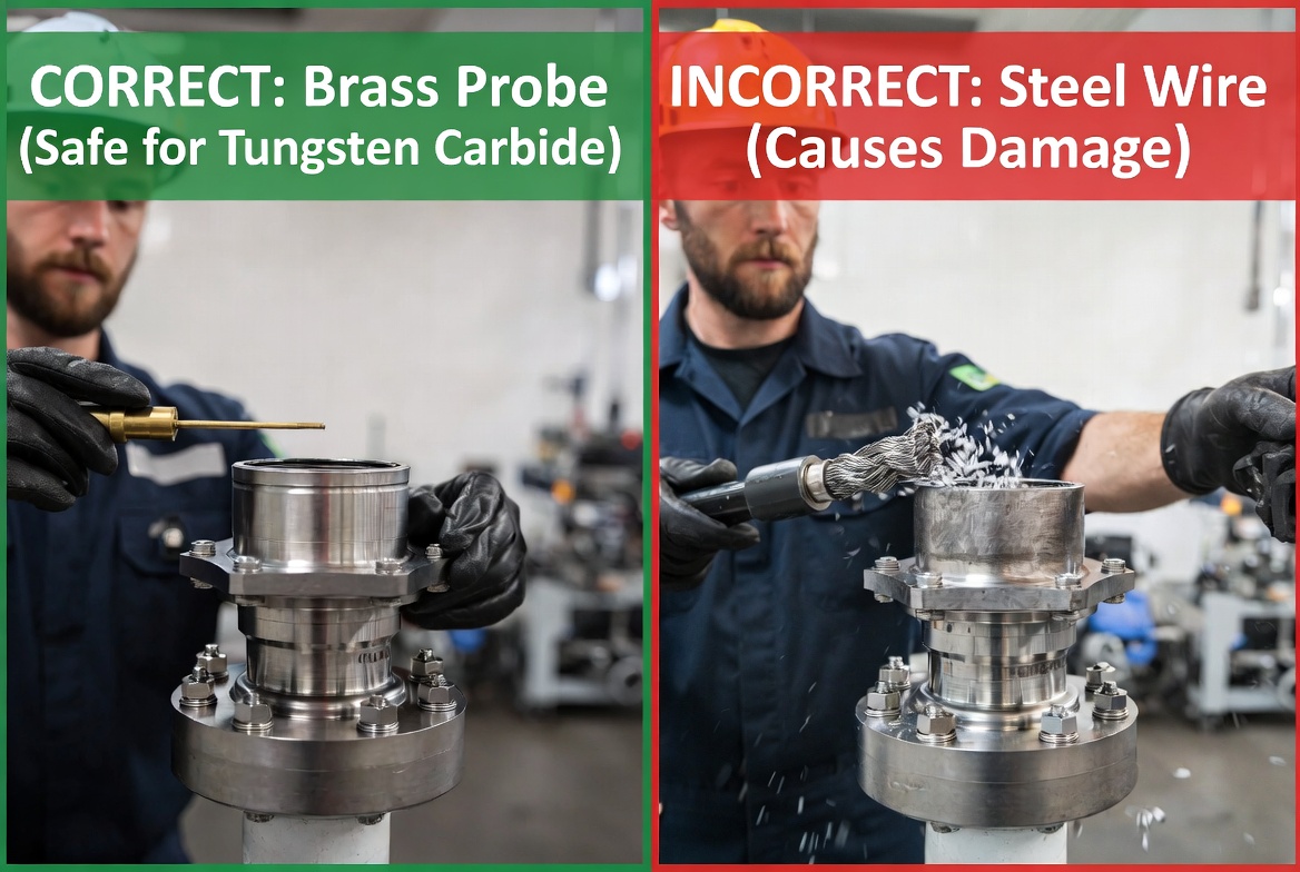 Comparison showing correct brass tool usage versus incorrect steel wire usage
