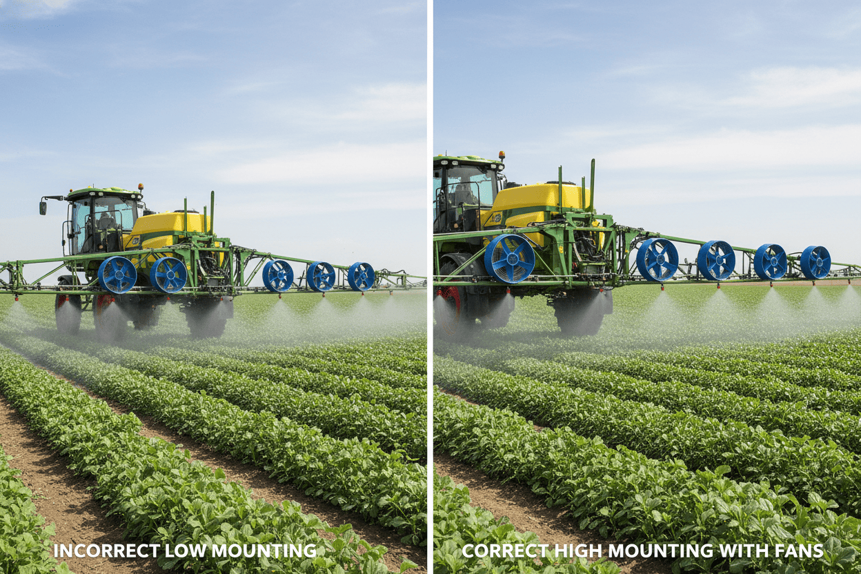 Comparison showing incorrect low mounting of nozzles vs correct high mounting with fans