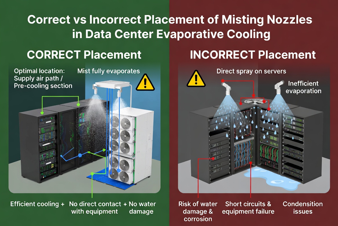 Correct vs Incorrect placement of misting nozzles in a data center cooling system