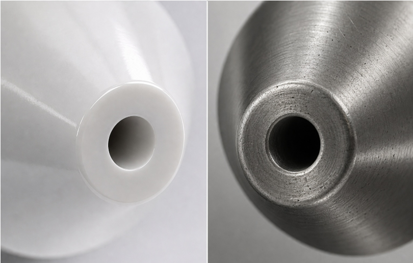 Cross section comparison of ceramic versus stainless steel 316L spray nozzle