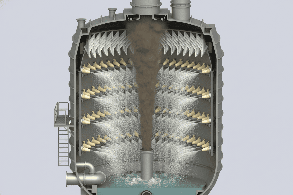 Cross section of an FGD scrubber tower showing silicon carbide spray nozzles in action