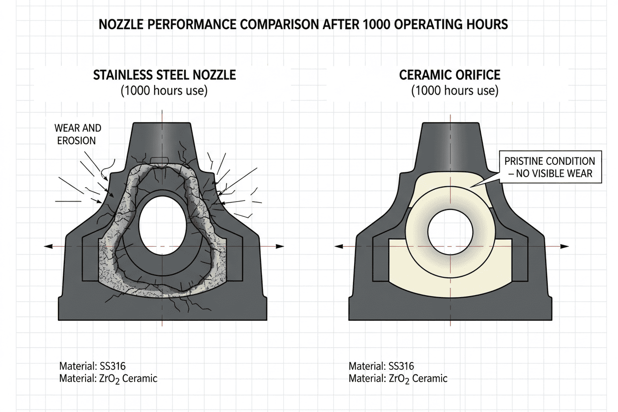 Cross-section diagram comparing a worn stainless steel nozzle