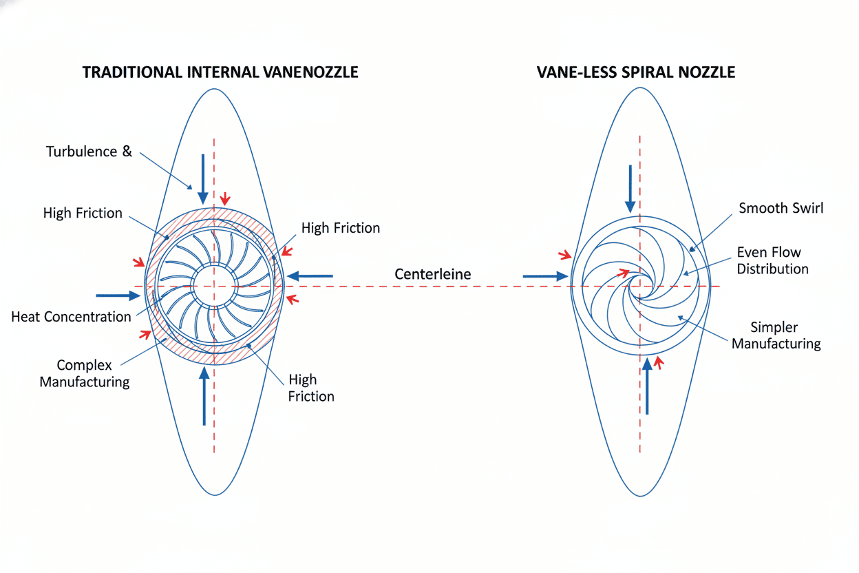 Cross-section diagram comparing traditional internal vane nozzle versus vane-less spiral nozzle