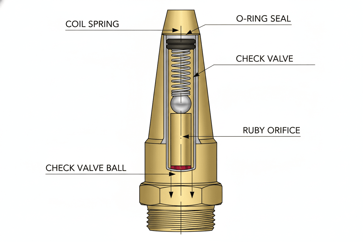 Cross-section of an anti-drip misting nozzle showing the internal spring and check valve mechanism