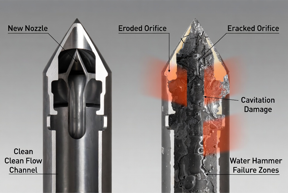 Damaged spray nozzle cracked orifice, erosion  water hammer failure diagram