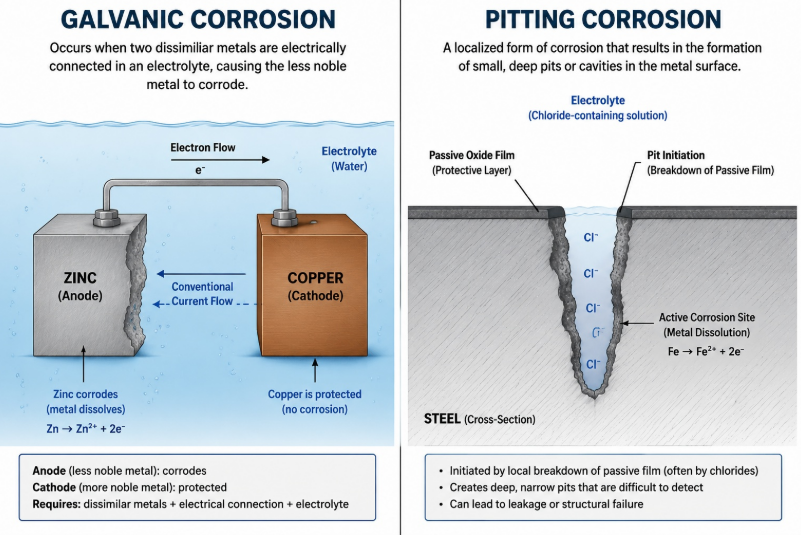 Diagram comparing galvanic corrosion battery effect with deep pitting corrosion