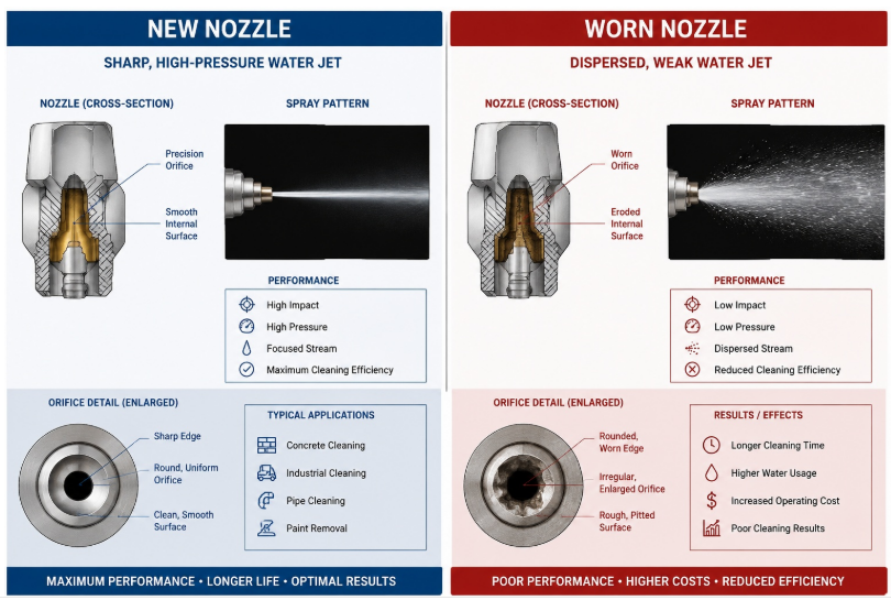 Diagram comparing impact force between new and worn descaling nozzle orifices