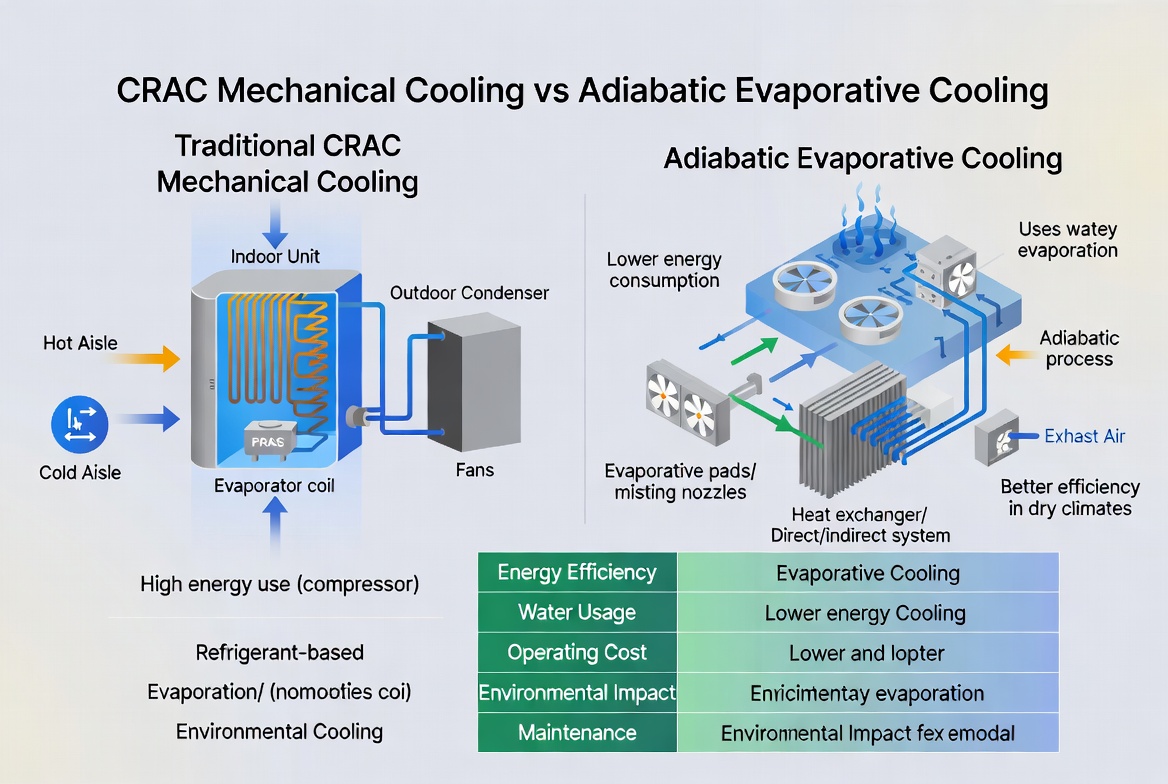 Diagram comparing traditional CRAC mechanical cooling vs adiabatic evaporative cooling