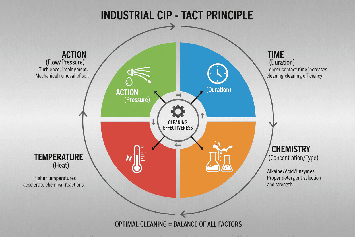 Diagram explaining the TACT principle Time Action Chemistry Temperature for industrial CIP cleaning