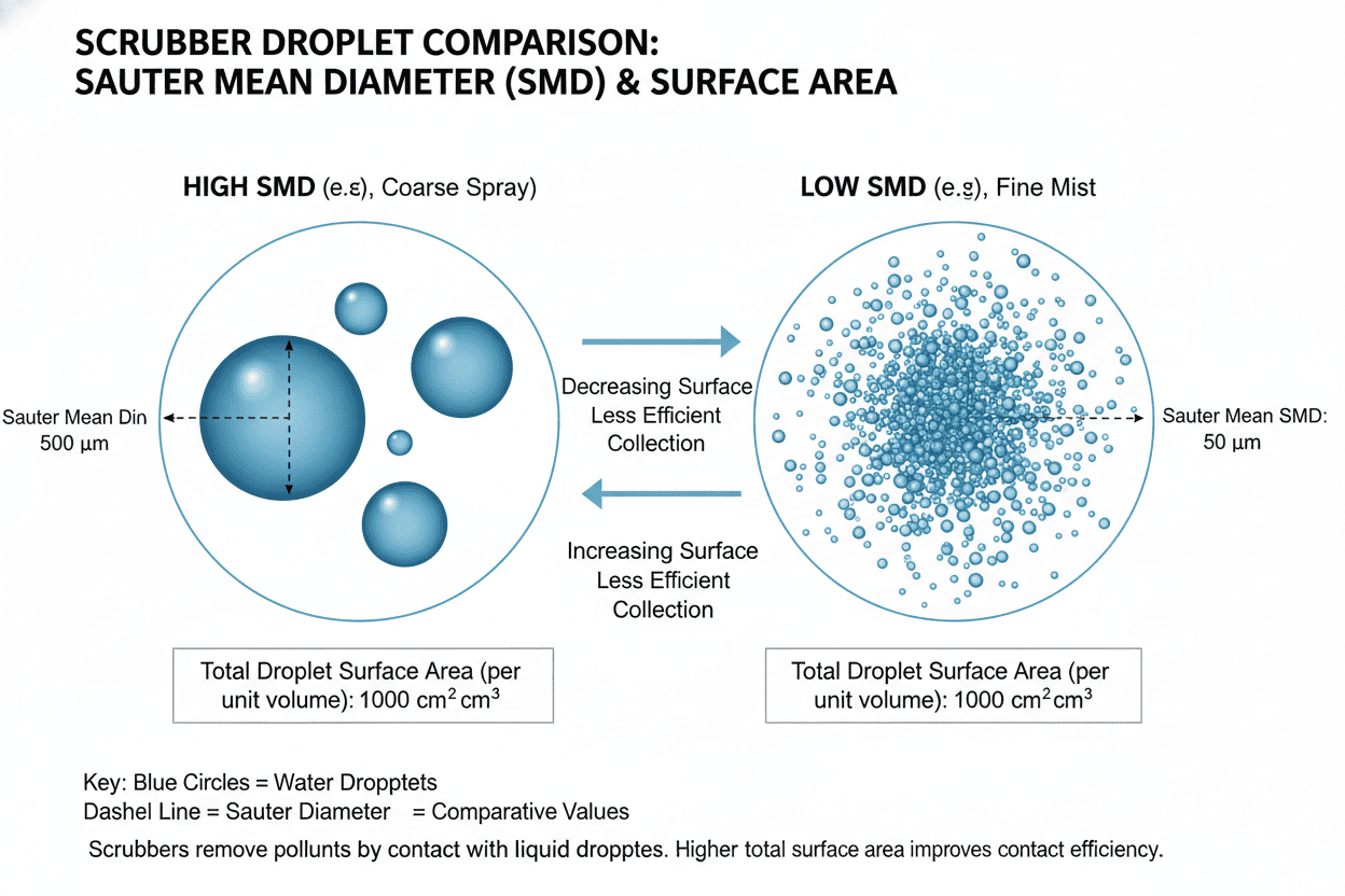 Diagram illustrating Sauter Mean Diameter and droplet surface area comparison for scrubbers