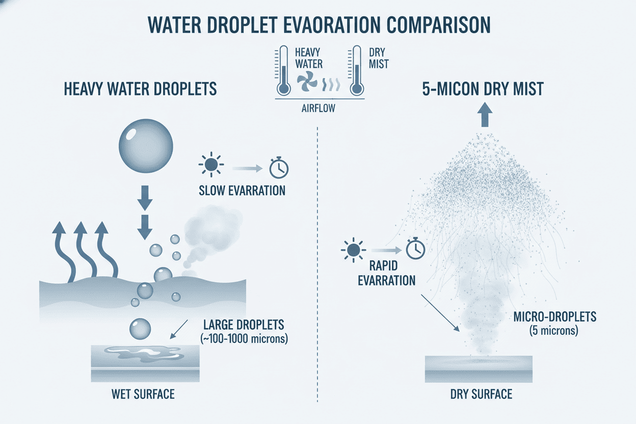 Diagram illustrating the difference between heavy water droplets and 5-micron dry mist evaporating