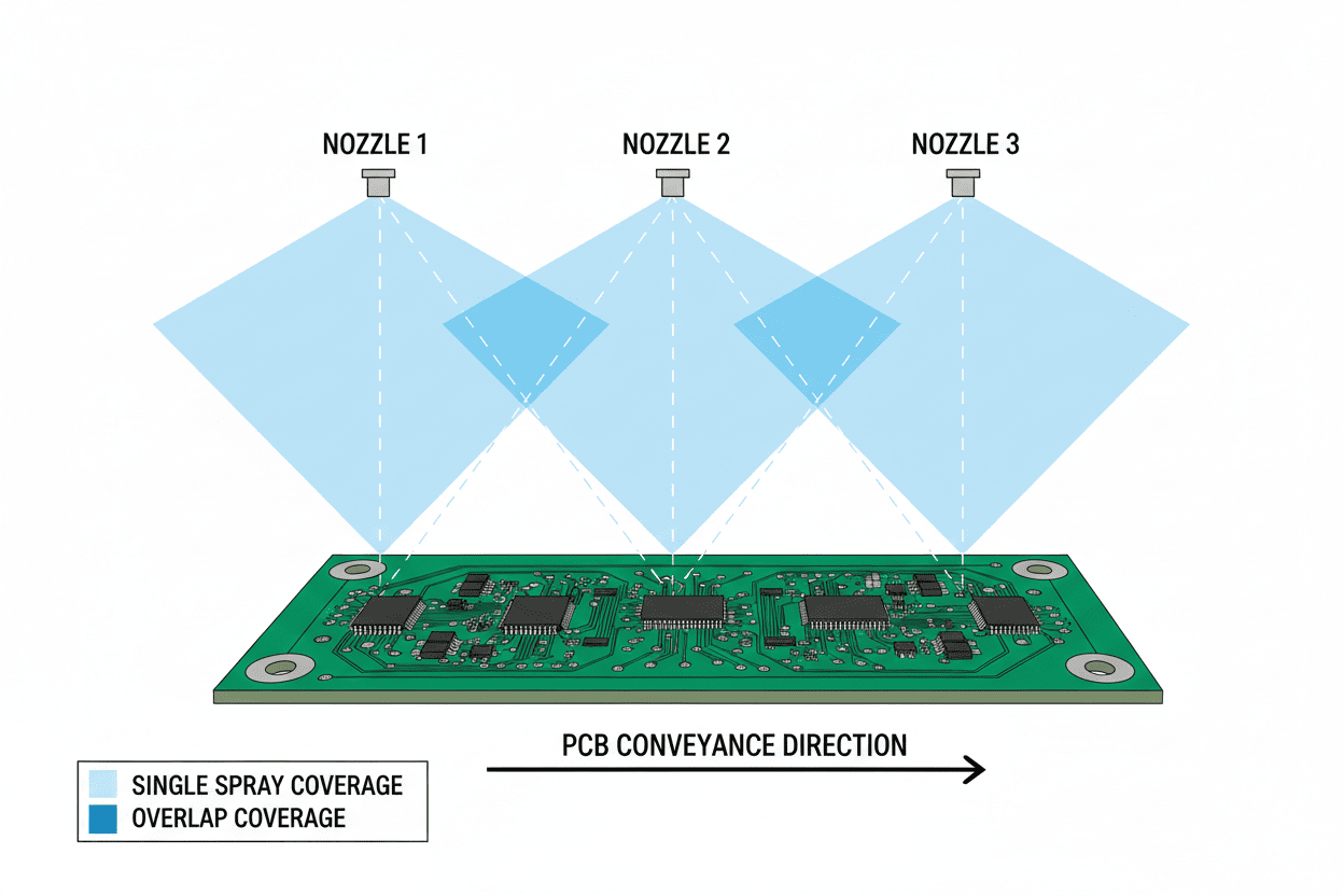 Diagram illustrating the overlap of wide-angle flat fan spray nozzles on a PCB