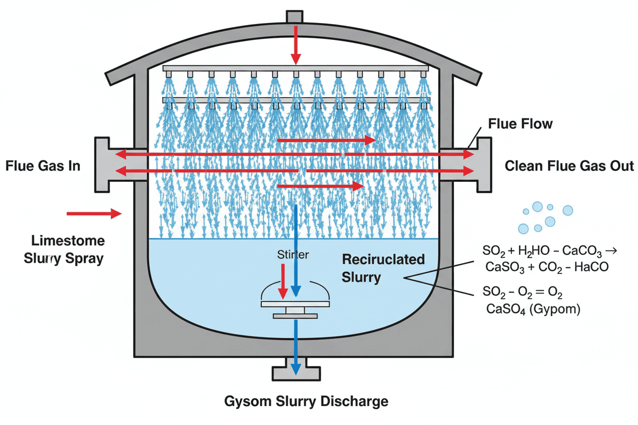 Diagram showing liquid slurry flow and flue gas interaction in an absorber cross-section