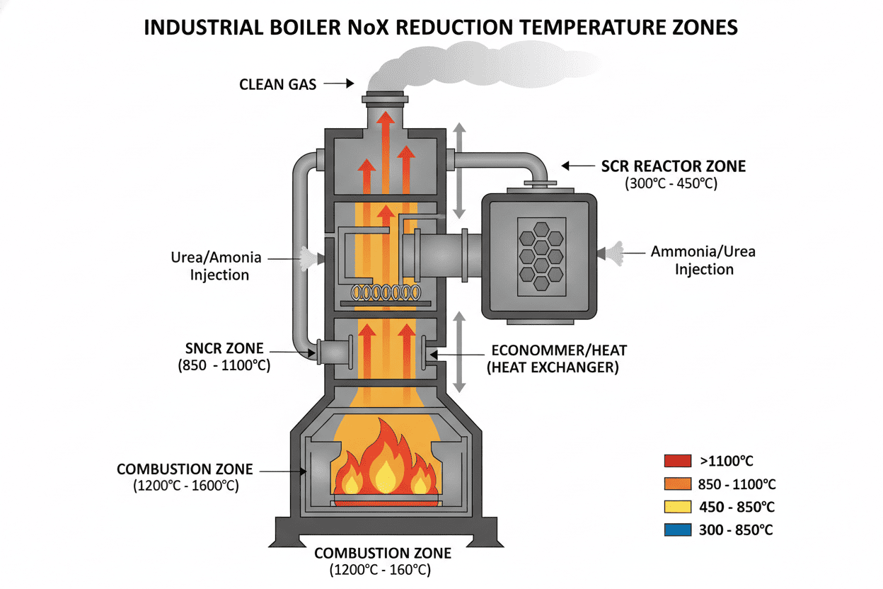 Diagram showing temperature zones for SCR and SNCR systems in an industrial boiler
