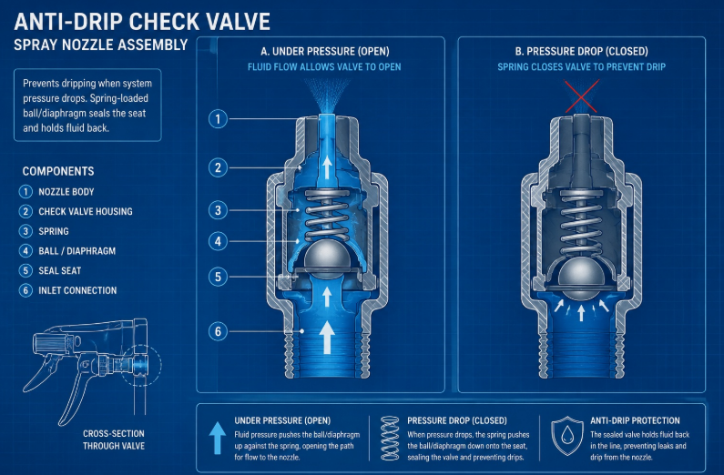 Diagram showing the internal mechanism of an anti-drip check valve for spray nozzles.