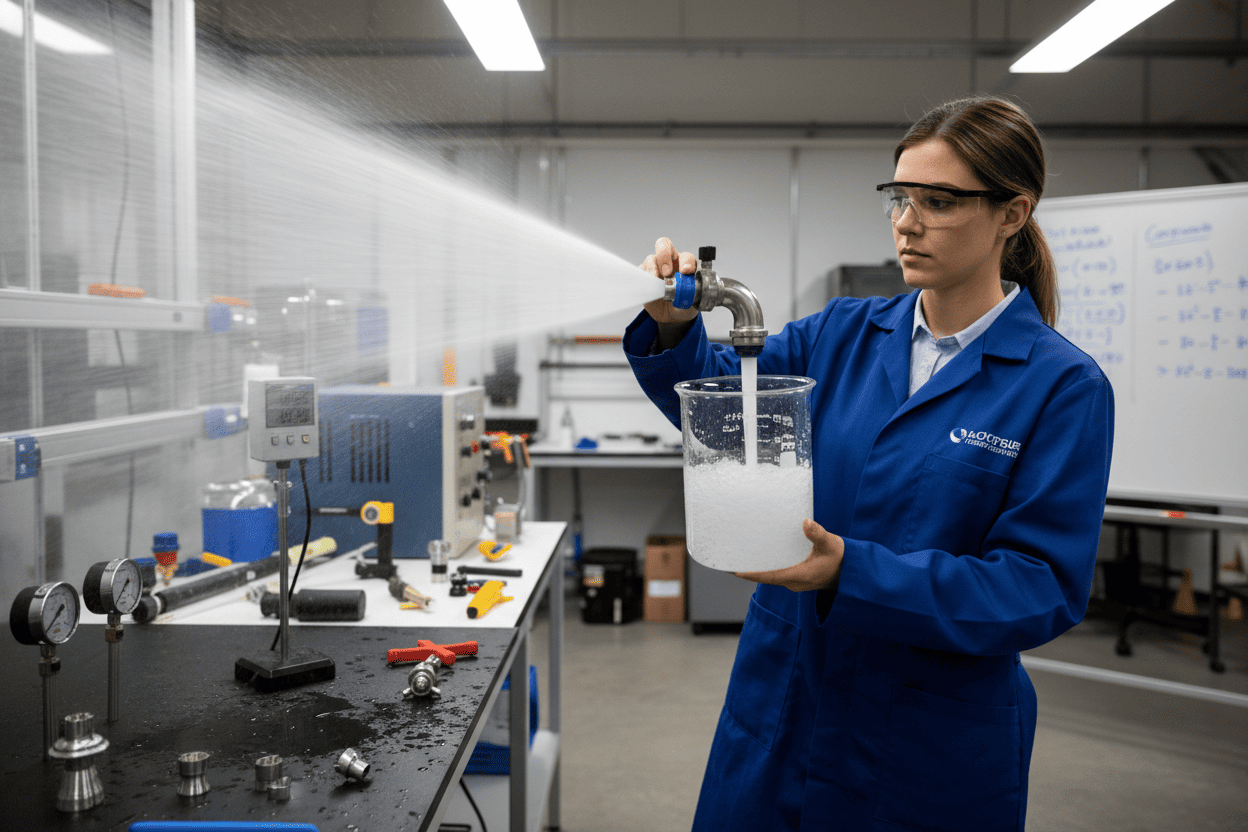 Engineer performing a catch test on an industrial spray nozzle to measure flow rate