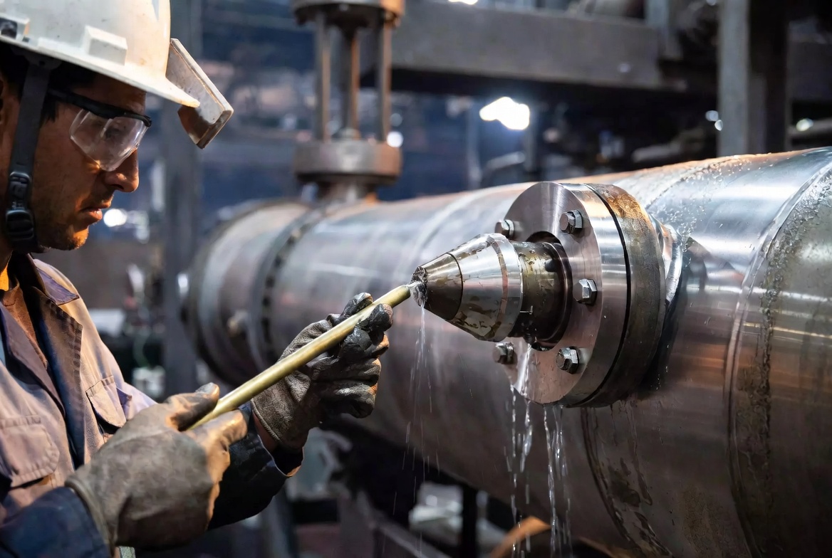 Engineer using a brass probe to clean a high pressure tungsten carbide nozzle