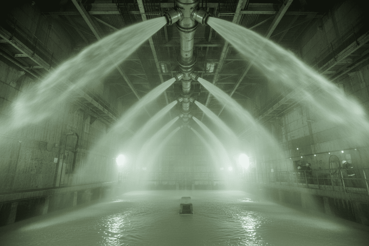 FGD scrubber tower interior showing large free passage spiral nozzles spraying limestone slurry
