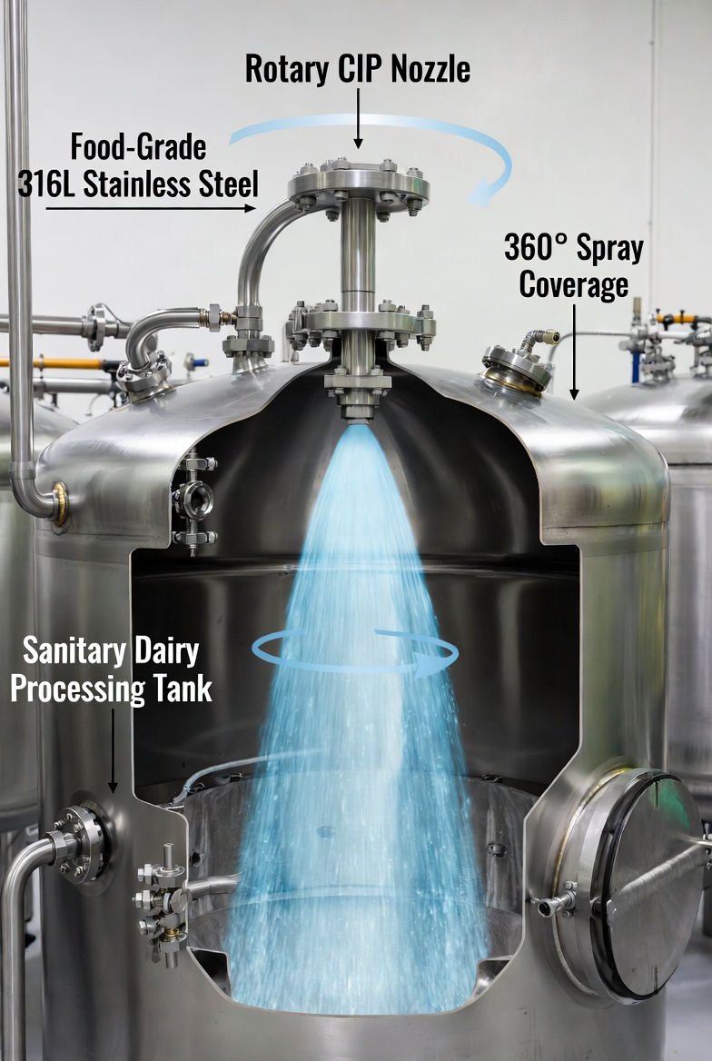 Food-grade stainless steel tank cleaning nozzle installed in dairy processing vessel—CIP system integration