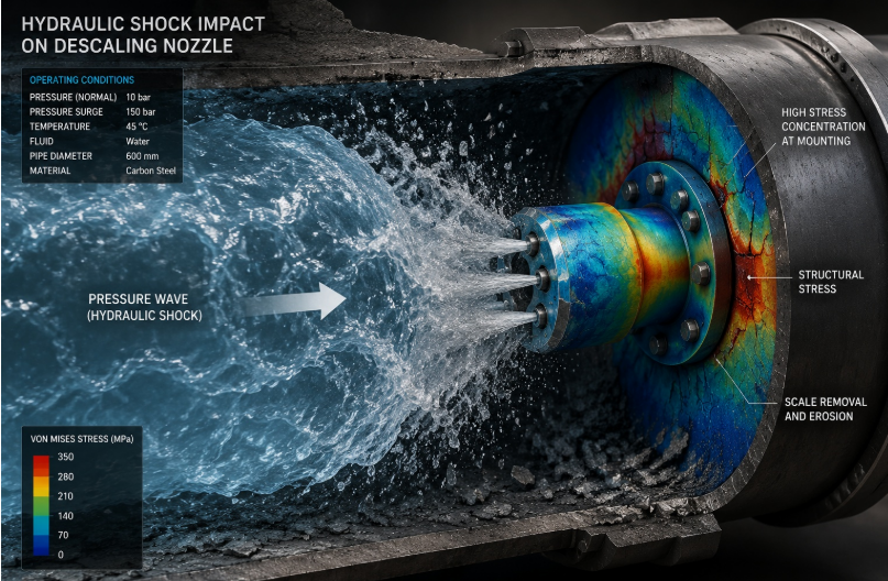 Hydraulic shock pressure spike damaging a worn descaling nozzle internal structure