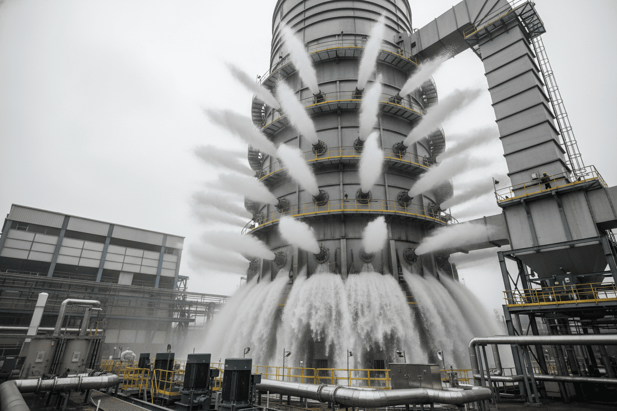 Industrial FGD scrubber system with RBSC nozzles spraying limestone slurry