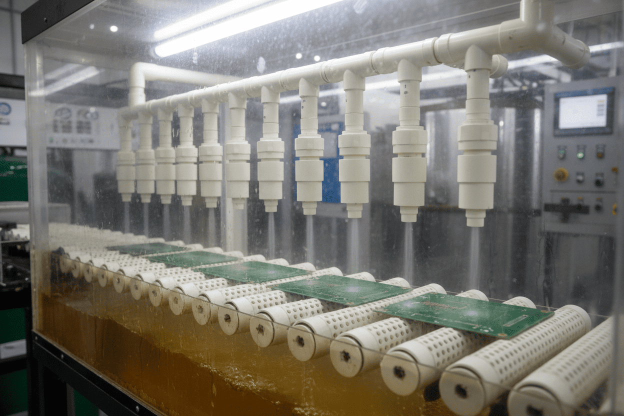 Industrial PVDF flat fan nozzles installed in a PCB chemical etching chamber