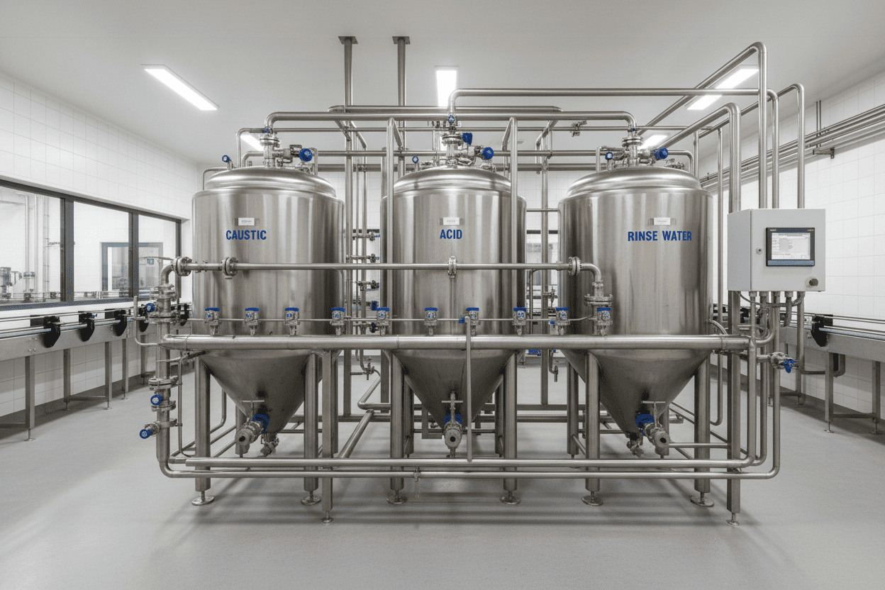 Industrial automated CIP system stainless steel tanks and piping network in a modern beverage plant