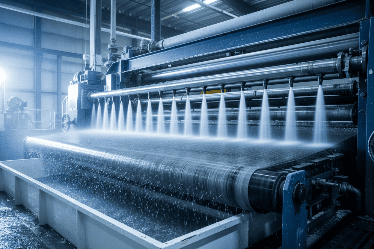 Industrial paper machine forming section showing a high-pressure spray pipe