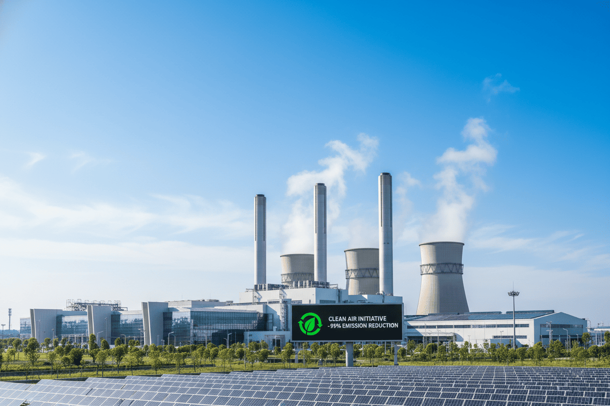 Industrial plant emitting clean vapor against a blue sky indicating successful air pollution control