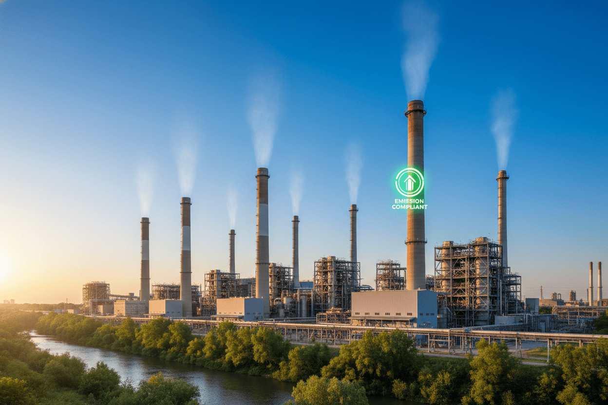 Industrial plant smokestacks emitting clean air against a blue sky representing emission compliance