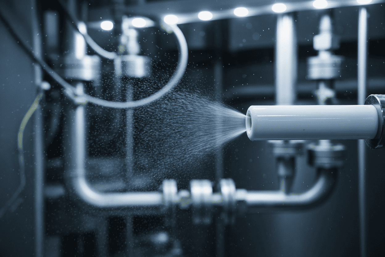Macro shot of a high-precision ceramic orifice nozzle spraying a perfectly uniform mist in a manufacturing plant.